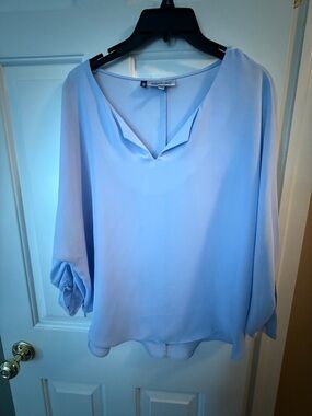 Jennifer Lopez Pastel Blue V-Neck Roll-Tab Sleeve Blouse